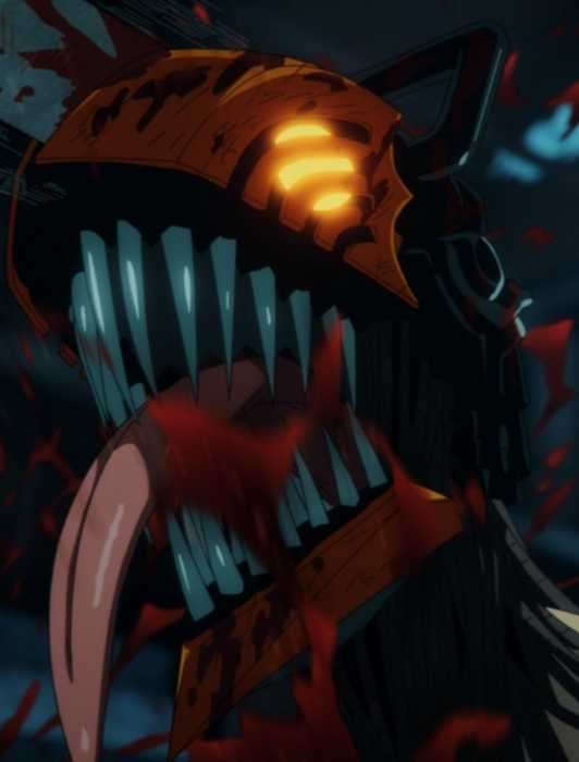 A shot of a chainsaw-headed man with a long tongue and glowing yellow eyes barring his dagger-like teeth in the anime Chainsaw Man.