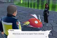 An NPC in Pokemon Legends: Z-A remarks on an alpha Magikarp, which is bigger and deadlier than normal variants. 