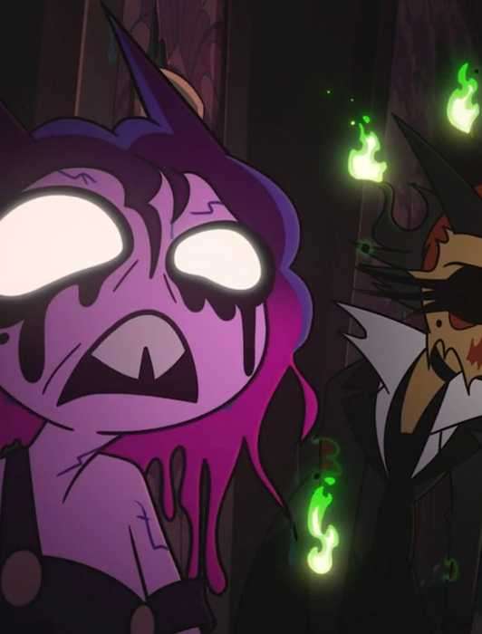 Two zombie versions of the same animated imp character, one purple with blank eyes and melting skin, one tan with missing skin and black eyes, in Helluva Boss