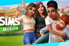The Sims Mobile key art features three female sims and one male Sim waving at the camera.